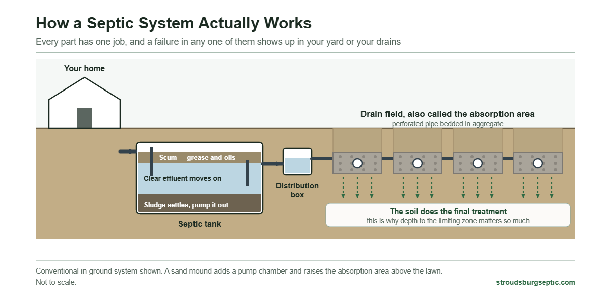 Diagram of how a conventional septic system works, from the house to the septic tank, distribution box, and drain field trenches where the soil treats the effluent
