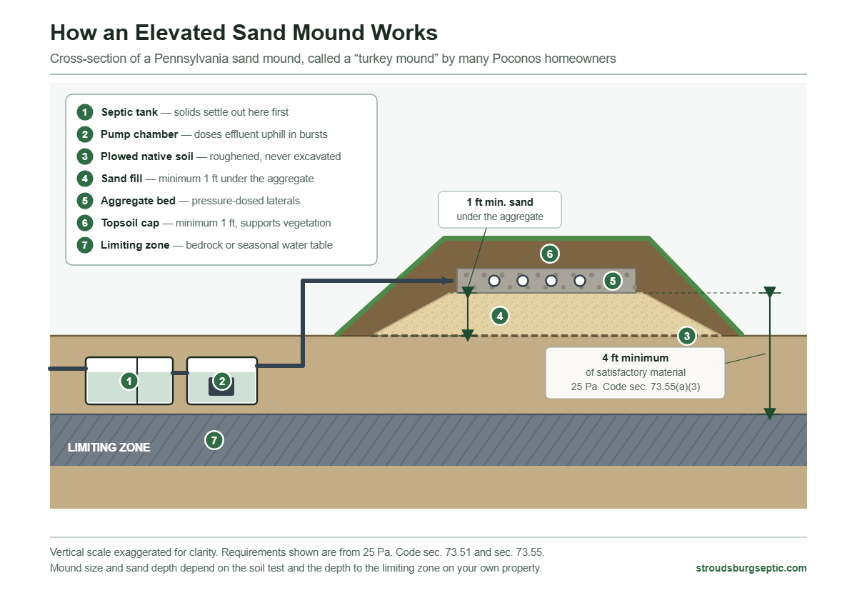 Cross-section diagram of a Pennsylvania elevated sand mound septic system showing the septic tank, pump chamber, sand fill, aggregate bed, and the four foot separation from the limiting zone
