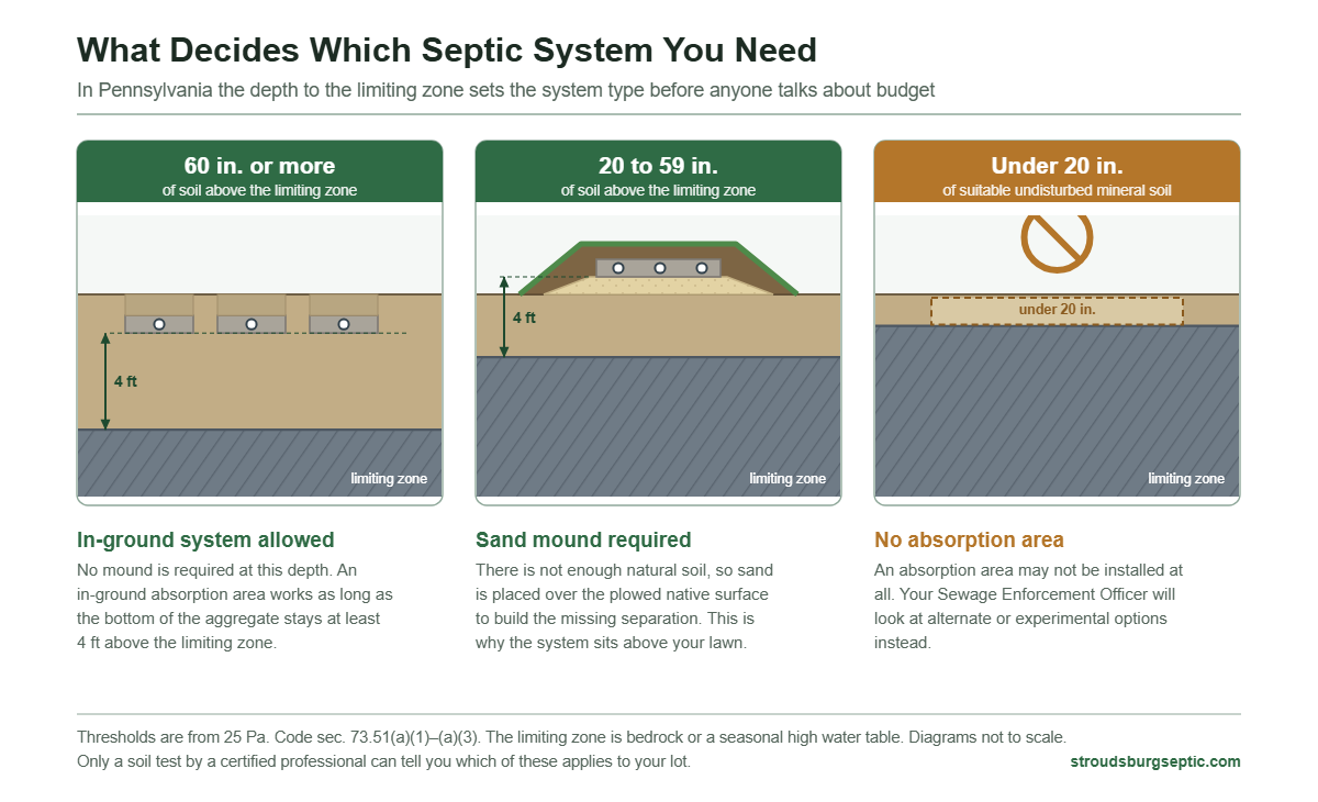 Diagram comparing in-ground septic, sand mound, and no-absorption-area outcomes based on depth to the limiting zone in Pennsylvania